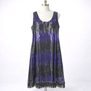 Vtg Jerry Beck Charades Sequin Fringe Dress Size‎ 1X Purple Party Flapper Gatsby